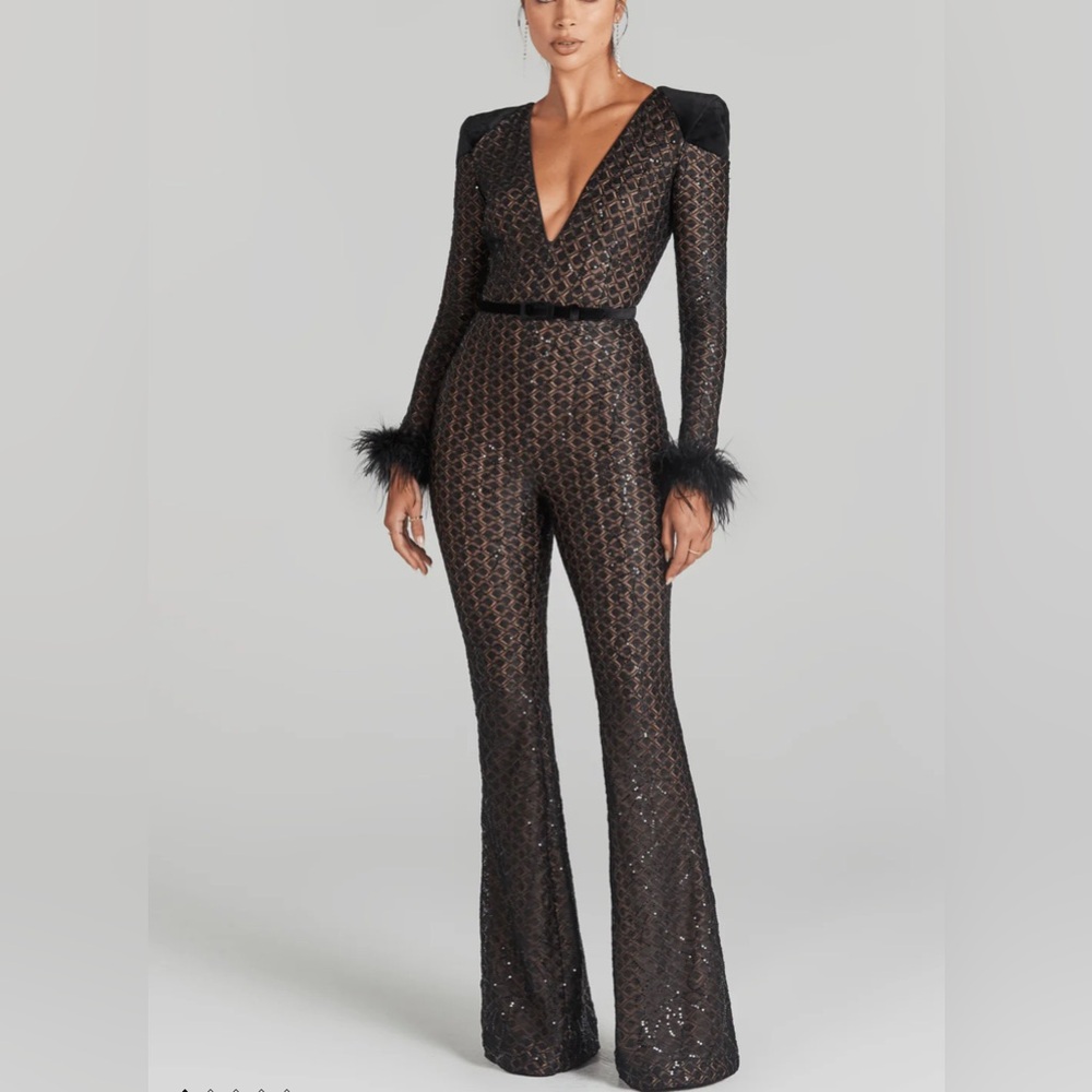 NADINE MERABI Black Sequin Flare Pants